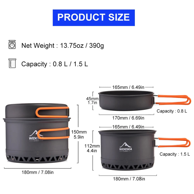 Widesea Camping Cookware 2.3L Set Pots Outdoor Cooking Heat Cooker Travel Tableware Bowler Tourist Kitchen Pot Utensil Equipment