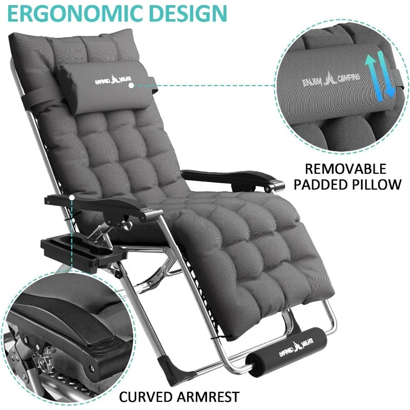 Zero Gravity Chair 22" Seat Width, XL Lounge Chair with Seat Cushion, Folding Reclining Camping Chair for Outdoor Deck, Patio