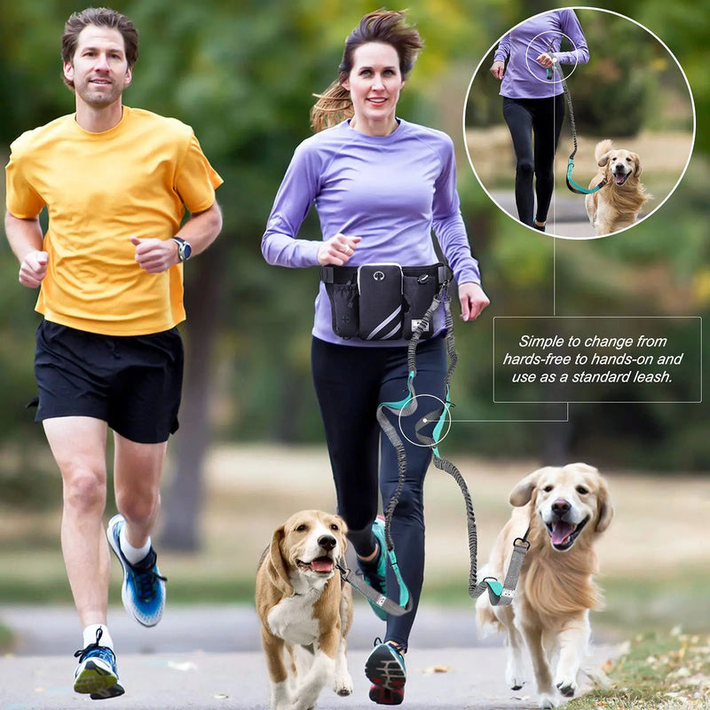 Retractable Hands Free Dog Leash with Adjustable Waist Belt for 2 Dogs Reflective Stitching Leash for Running Walking Hiking